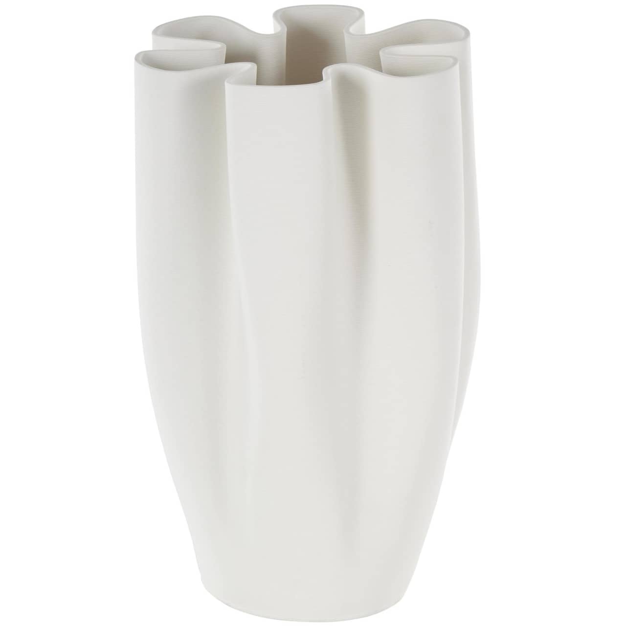 White Ceramic Abstract Ribbed Dimensional Folded Vase with Floral Shaped Rim